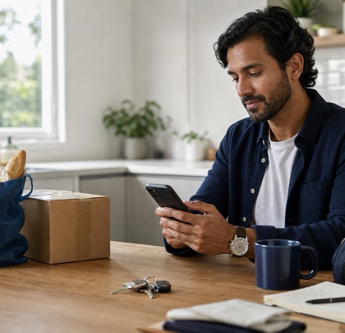A person organising everyday tasks on a phone at home