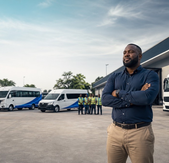 A transport operator in front of a yard of coaches, minibuses and trucks