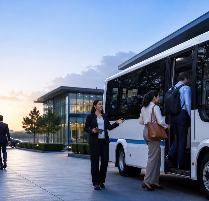 Passengers boarding a shuttle outside a terminal at dusk