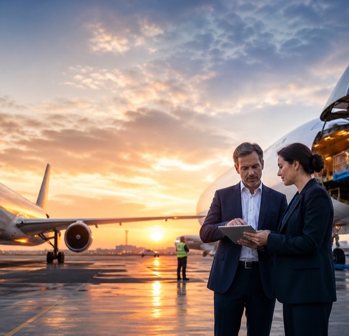 Two logistics staff reviewing paperwork beside a freight aircraft being loaded