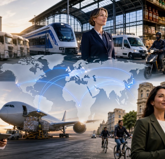 Transport, logistics and travel workers from several regions, with a world map behind them