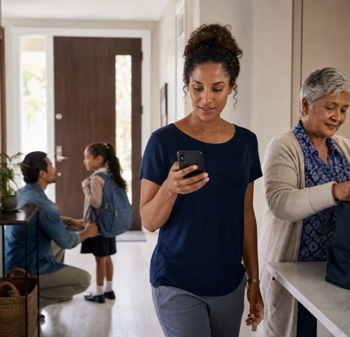 A household coordinating school pickup and groceries