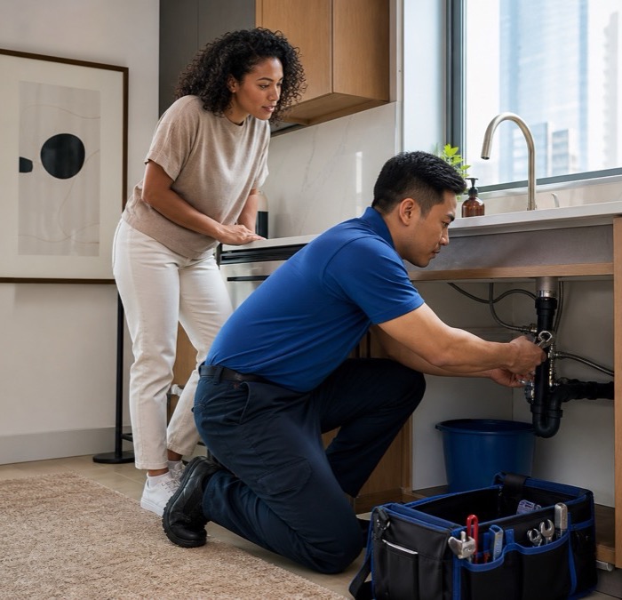 A home-service professional repairing a kitchen sink
