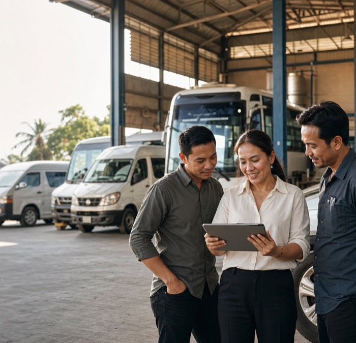 Three colleagues talking beside a depot of minibuses and coaches