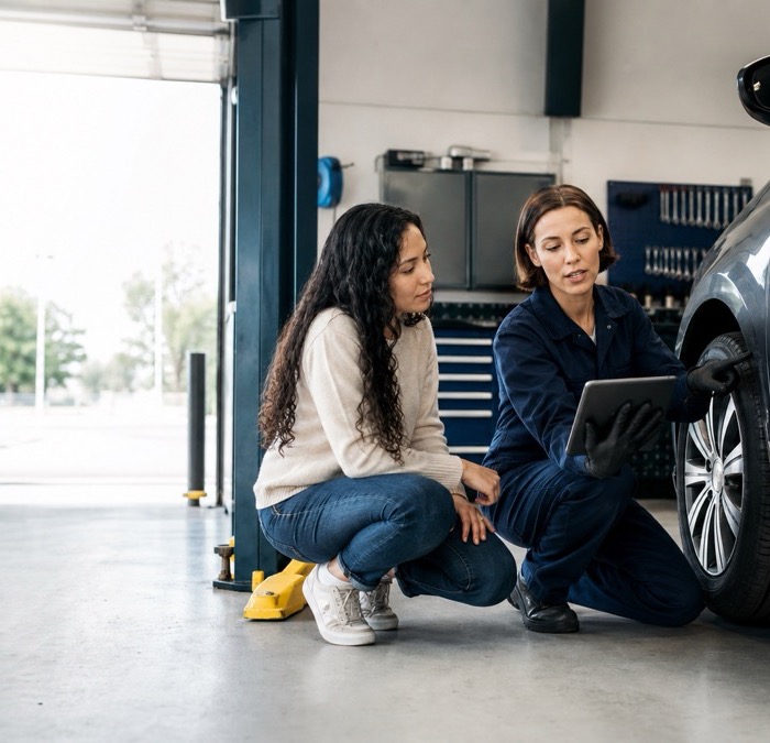 A mechanic explaining vehicle maintenance to a customer