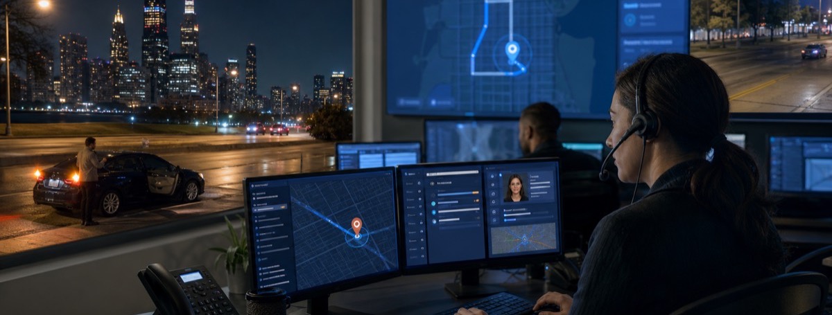 A night operations room tracking live vehicle positions across a city