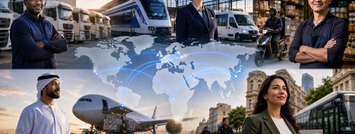 Transport, logistics and travel workers from several regions, with a world map behind them