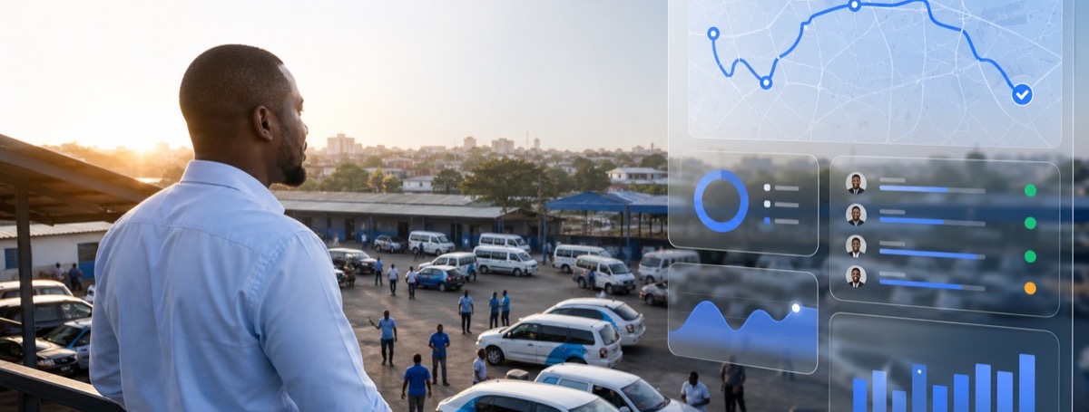 An operations manager overlooking a vehicle yard beside a live dispatch dashboard