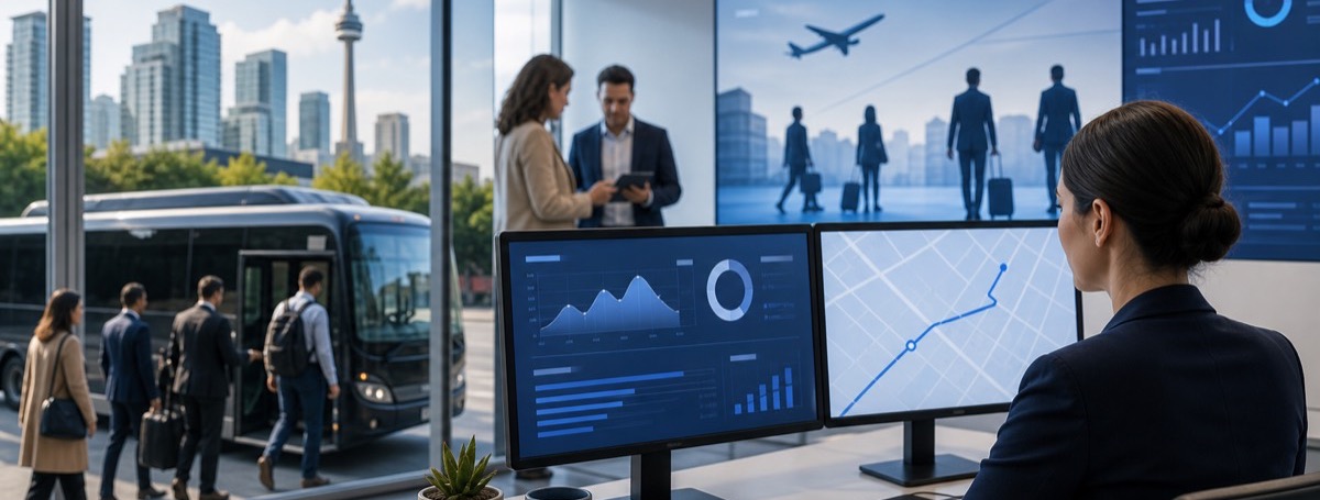 A corporate travel team reviewing journeys on screens in a city office