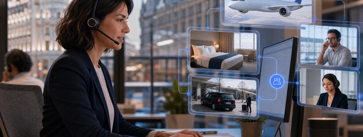 A support agent on a headset with booking and journey details on screen